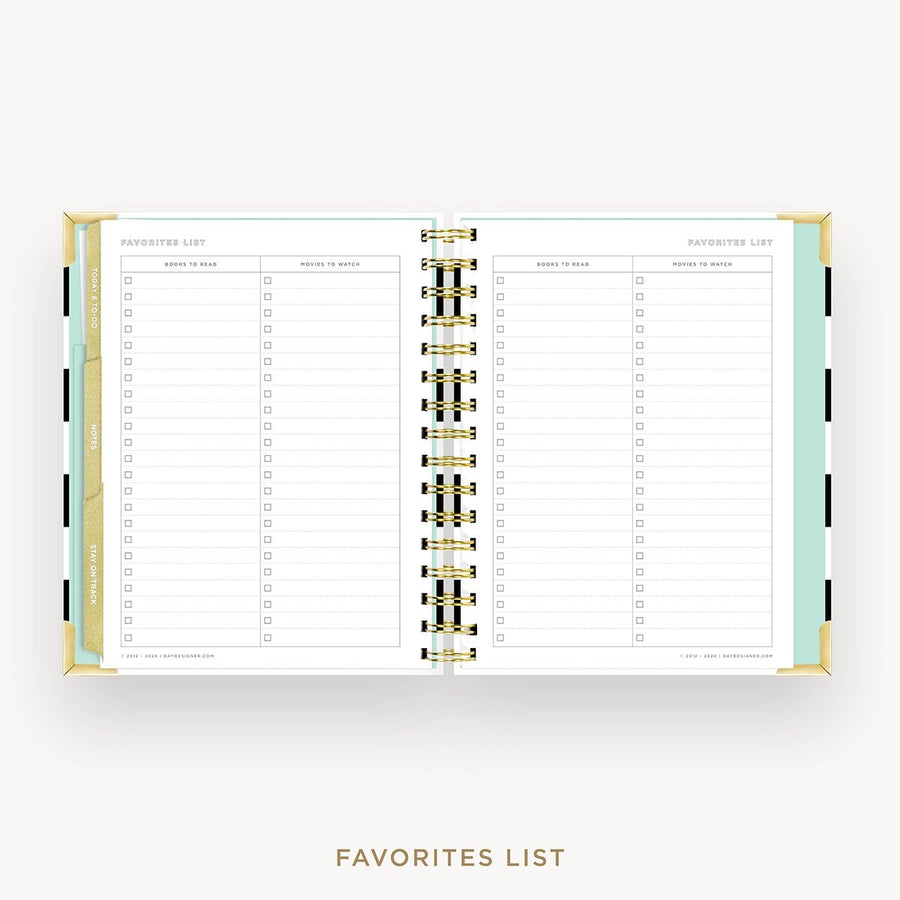 Day Designer 2026-27 mini weekly planner: Black Stripe cover with favorite books and movies pages
