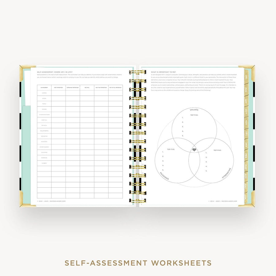Day Designer 2026-27 mini weekly planner: Black Stripe cover with self assessment worksheet