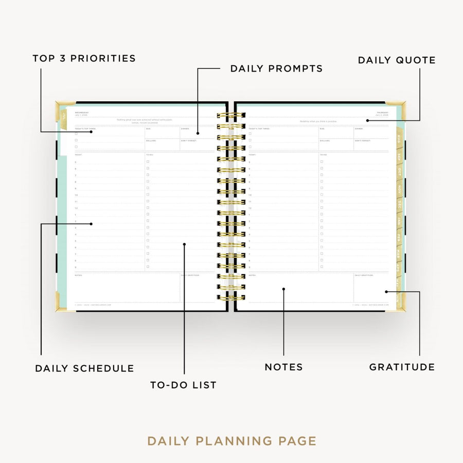 Day Designer 2026-27 daily planner: Black Stripe opened with captions of contents