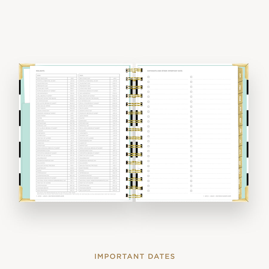 Day Designer 2026 weekly planner: black stripe cover with holidays page