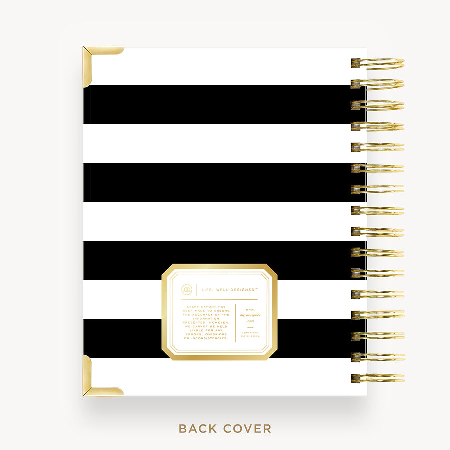 Day Designer 2026 weekly planner: black stripe cover with back cover with gold detail