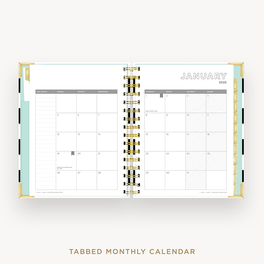 Day Designer 2026 weekly planner: black stripe cover with monthly calendar