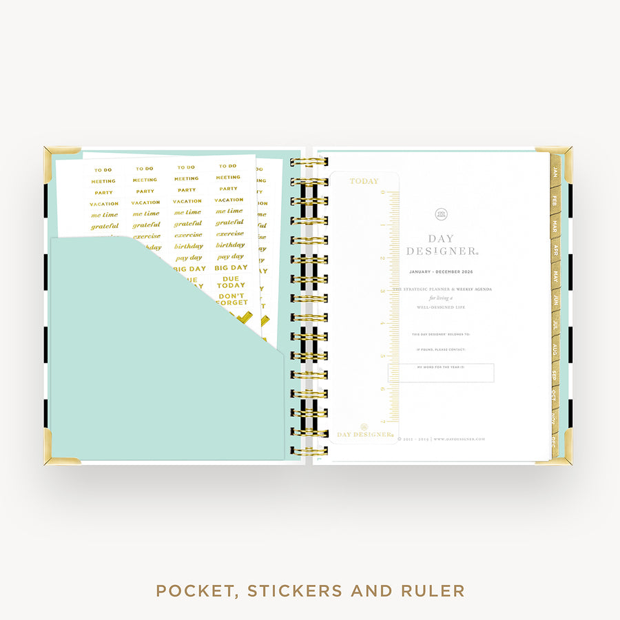 Day Designer 2026 weekly planner: black stripe cover with pocket and gold stickers