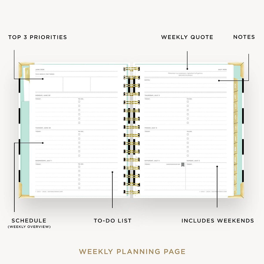 Day Designer 2026-27 mini weekly planner: Black Stripe opened with captions of contents