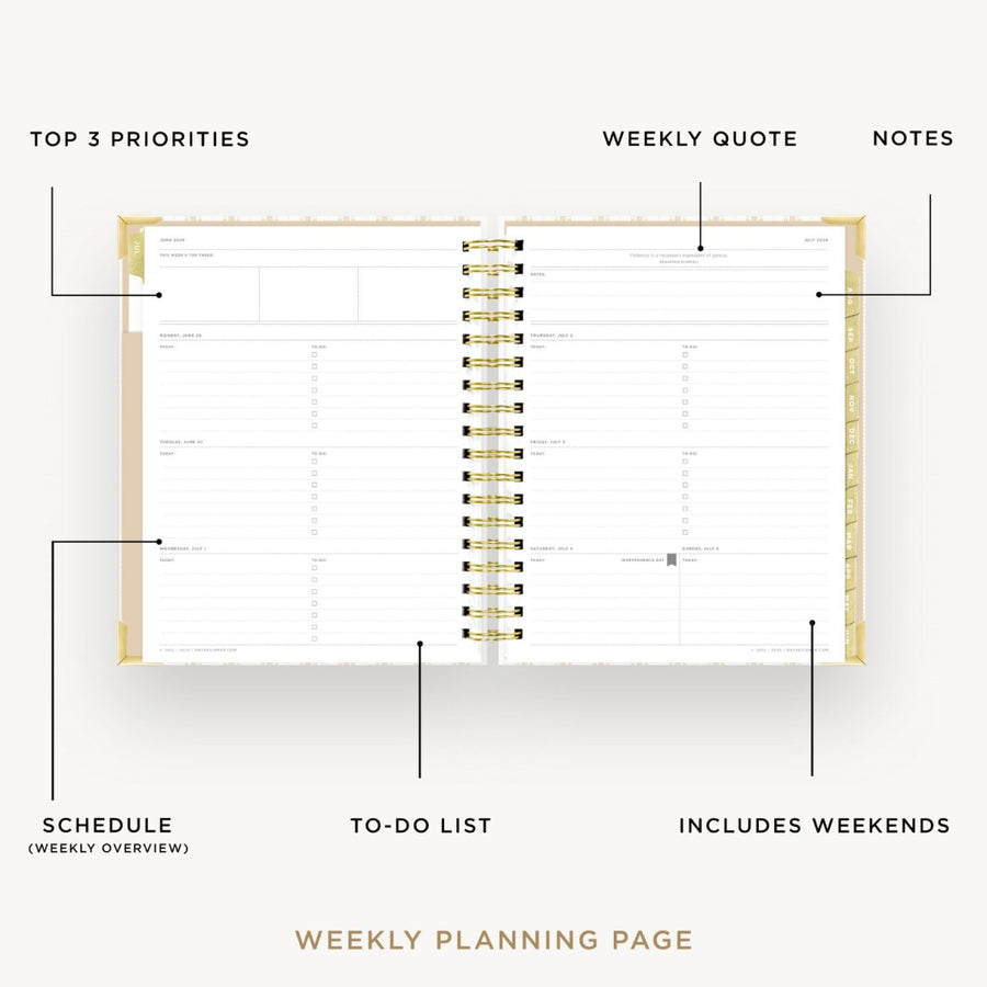Day Designer 2026-27 weekly planner: Ticking Stripe opened with captions of contents