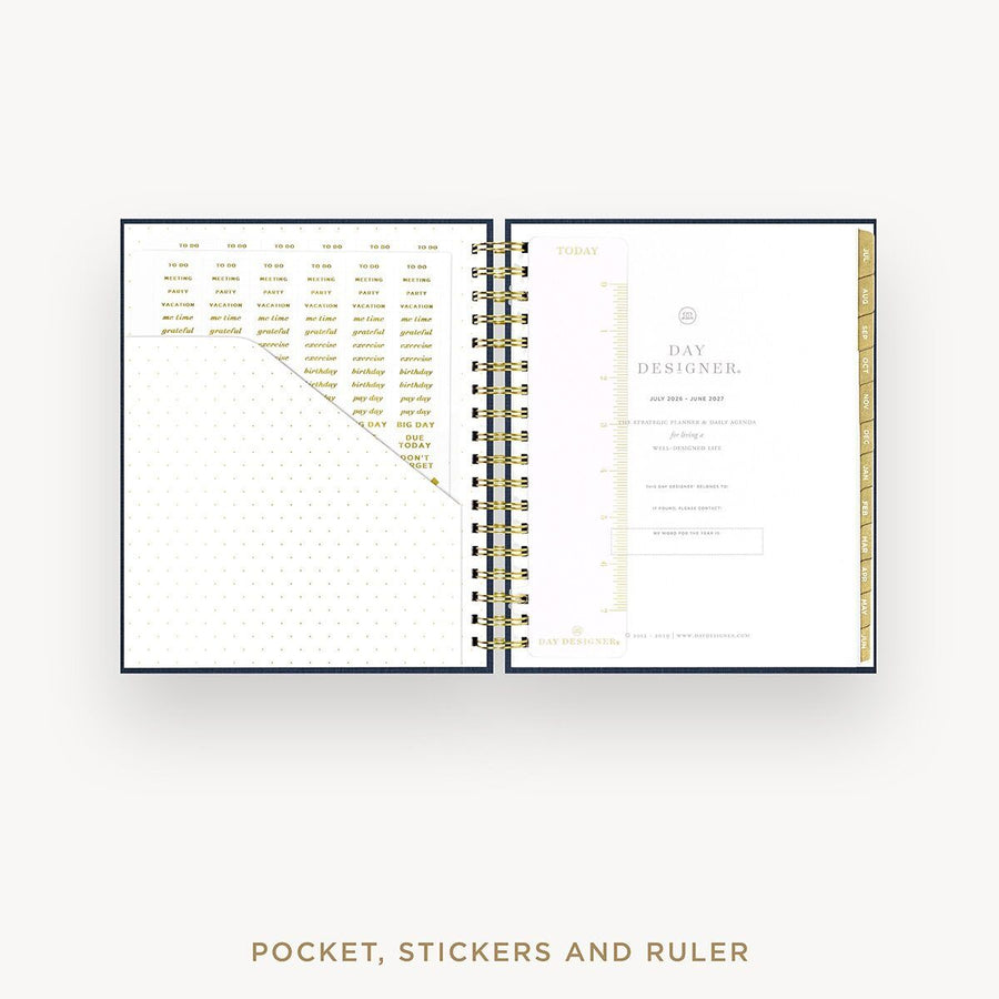Day Designer 2026-27 daily planner: Navy Bookcloth cover with pocket and gold stickers