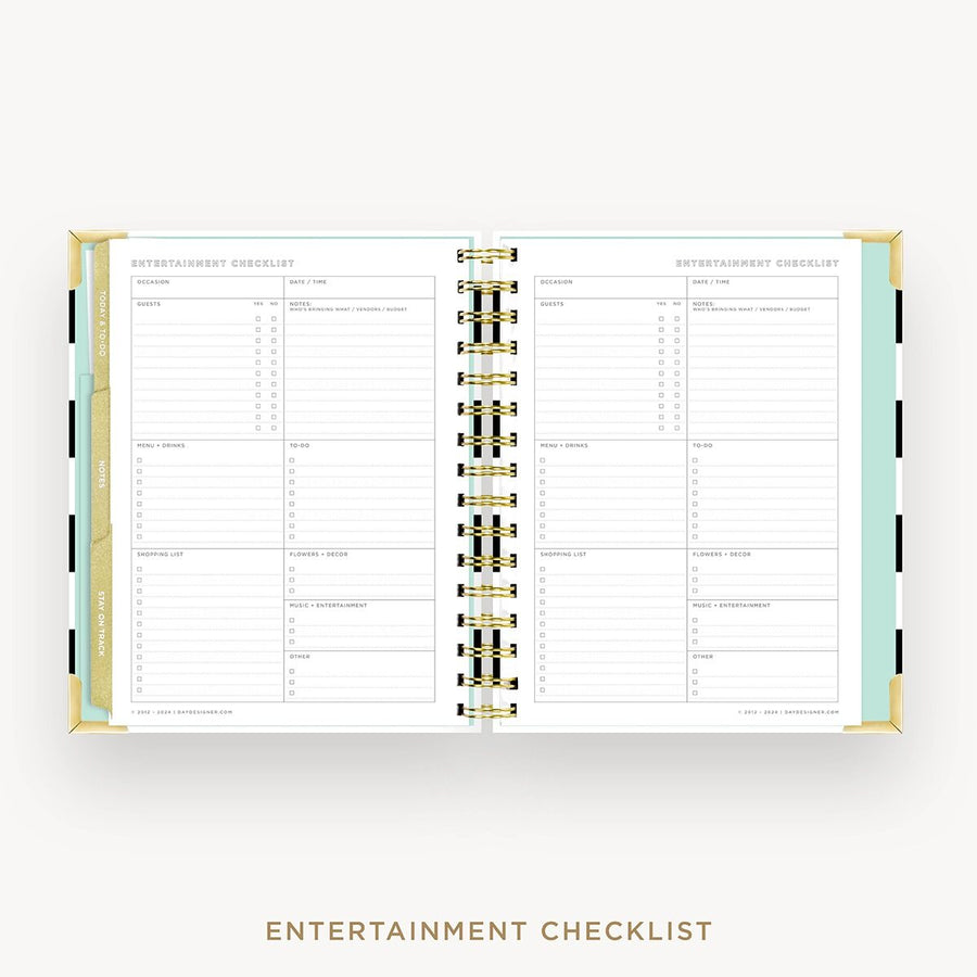 Day Designer 2026-27 mini weekly planner: Black Stripe cover with entertainment party planner