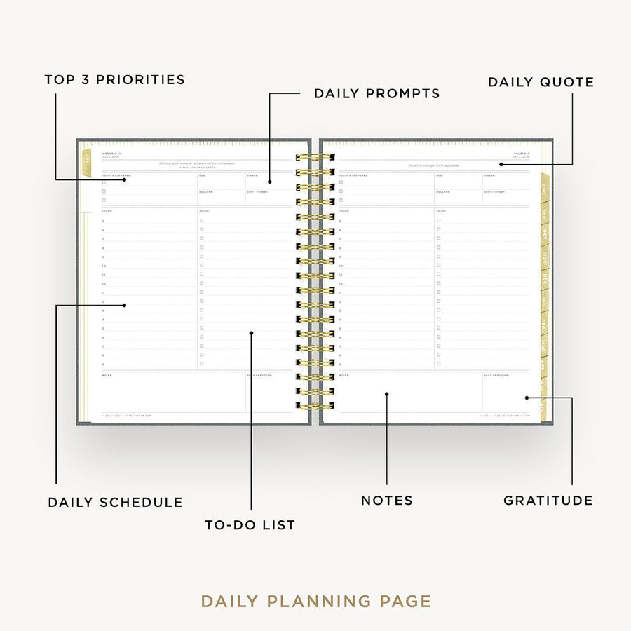Day Designer 2026-27 daily planner: Charcoal Bookcloth opened with captions of contents