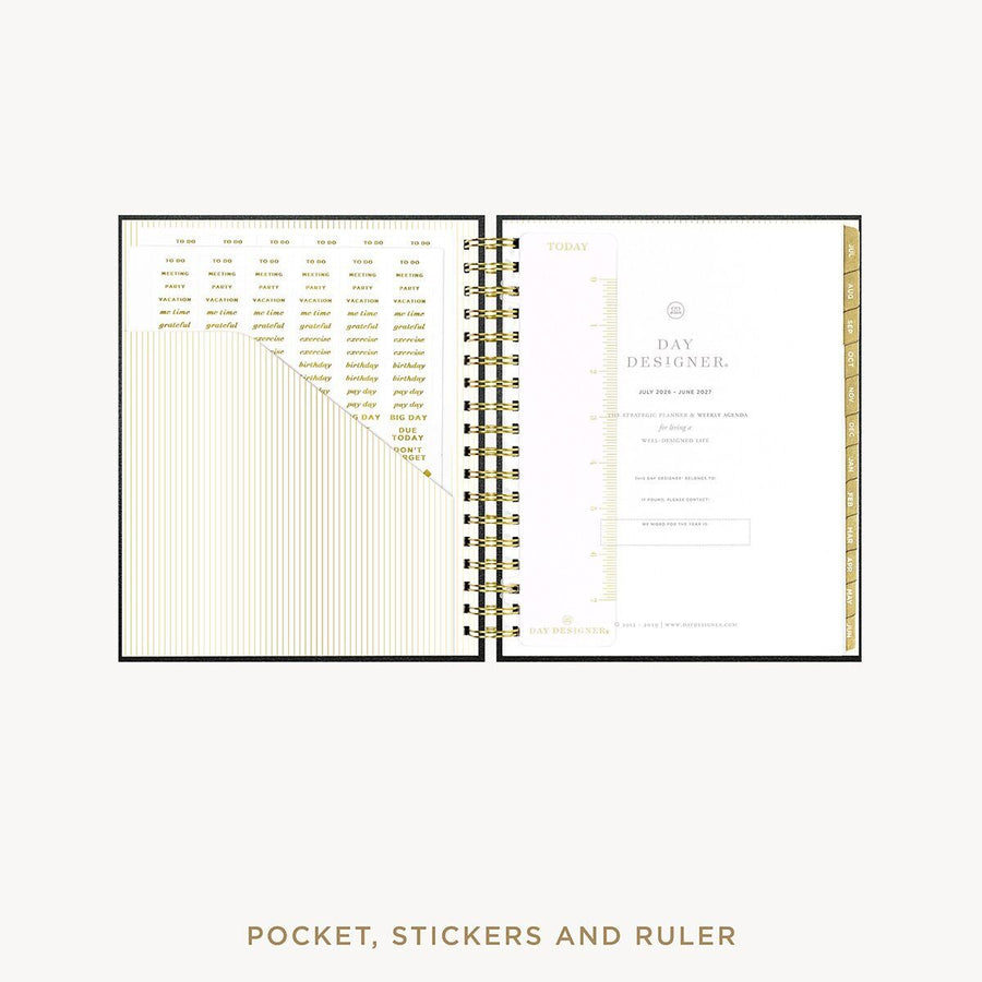 Day Designer 2026-27 weekly planner: Classic Black Pebble Texture cover with pocket and gold stickers