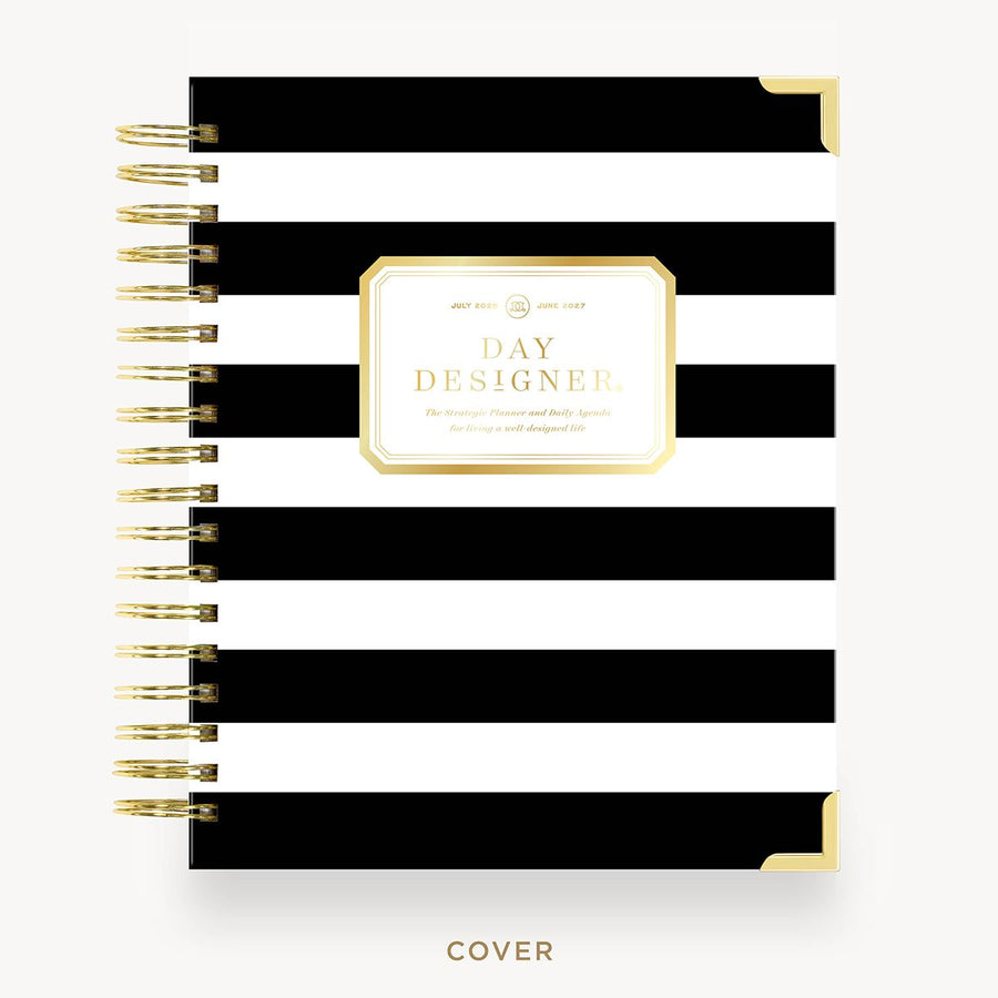 Day Designer 2026-27 daily planner: Black Stripe hard cover, gold wire binding
