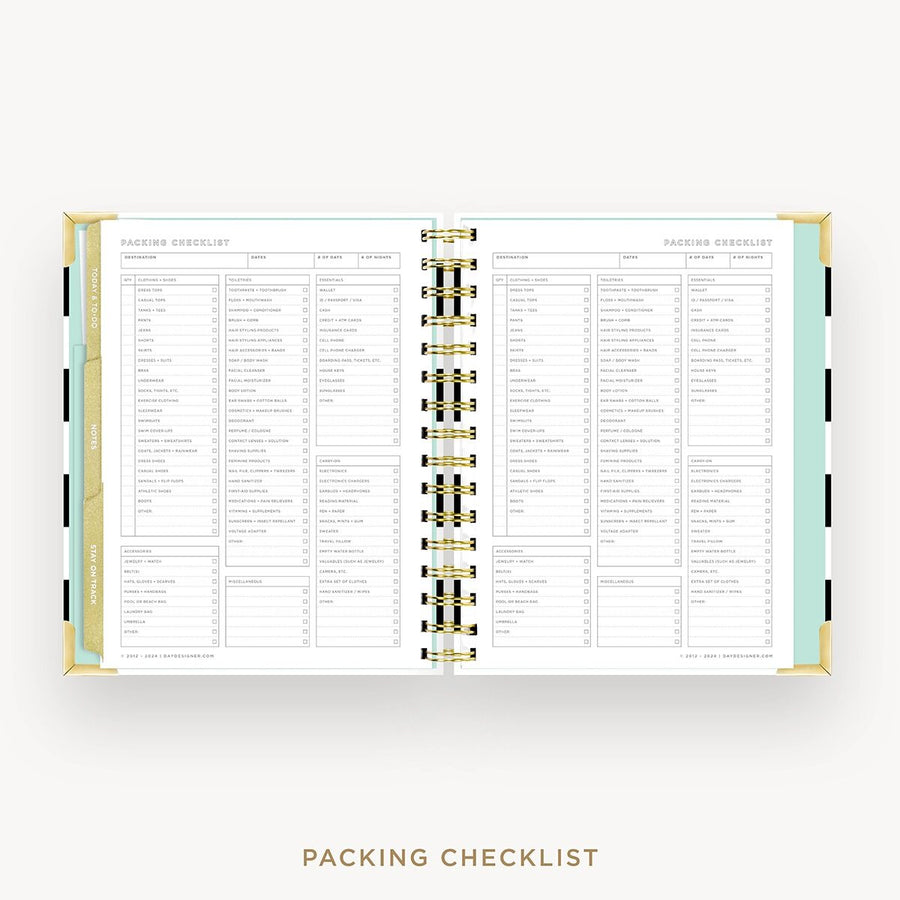 Day Designer 2026-27 mini weekly planner: Black Stripe cover with packing checklist