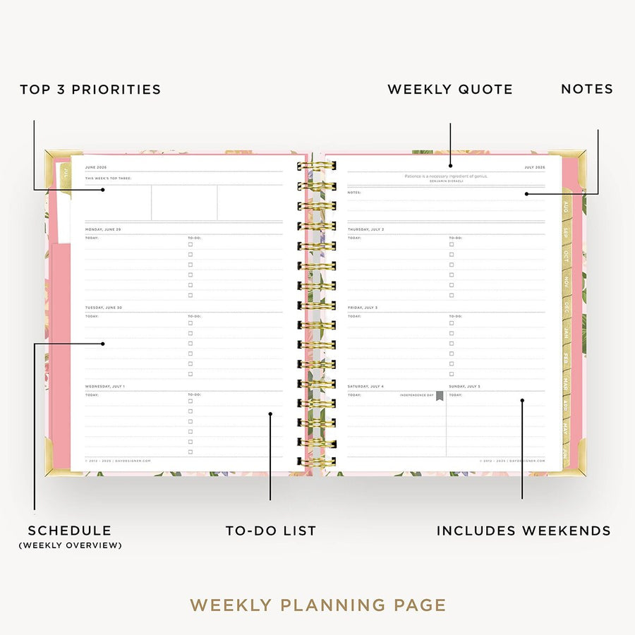 Day Designer 2026-27 mini weekly planner: Heirloom opened with captions of contents