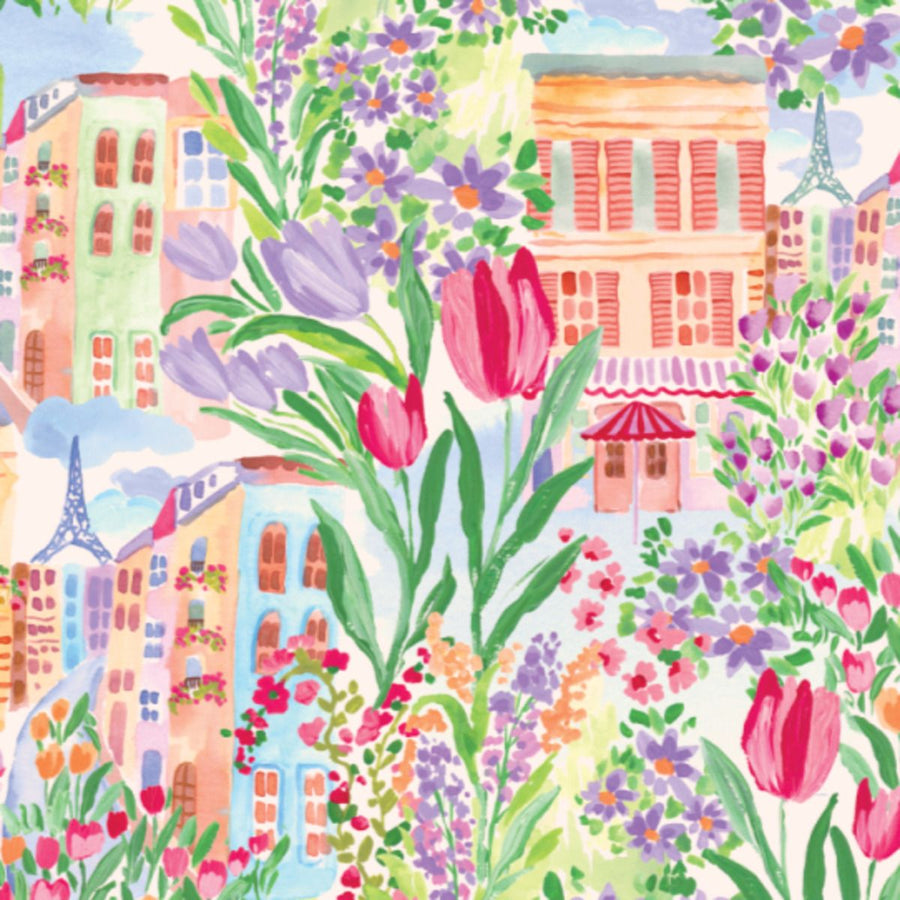 Colorful illustration of a cityscape with flowers and buildings.