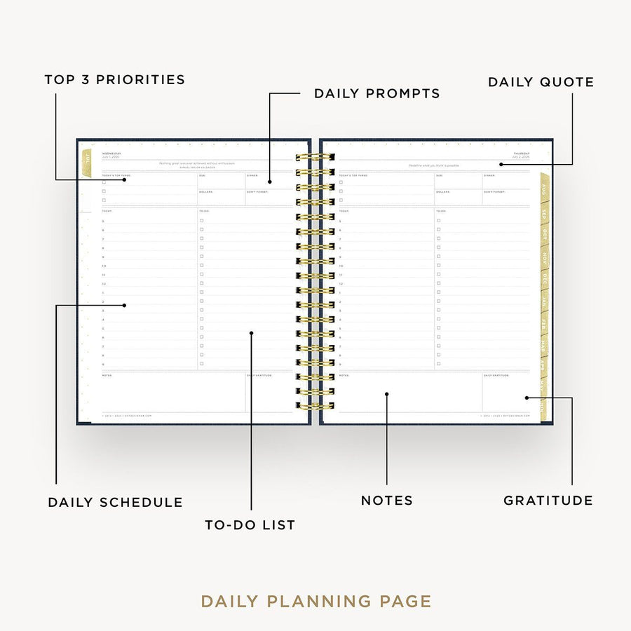 Day Designer 2026-27 daily planner: Navy Bookcloth opened with captions of contents