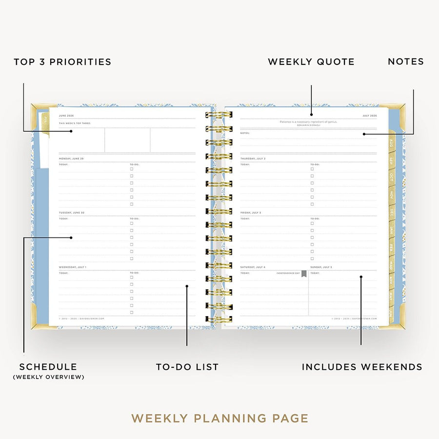 Day Designer 2026-27 mini weekly planner: Grand Shell opened with captions of contents