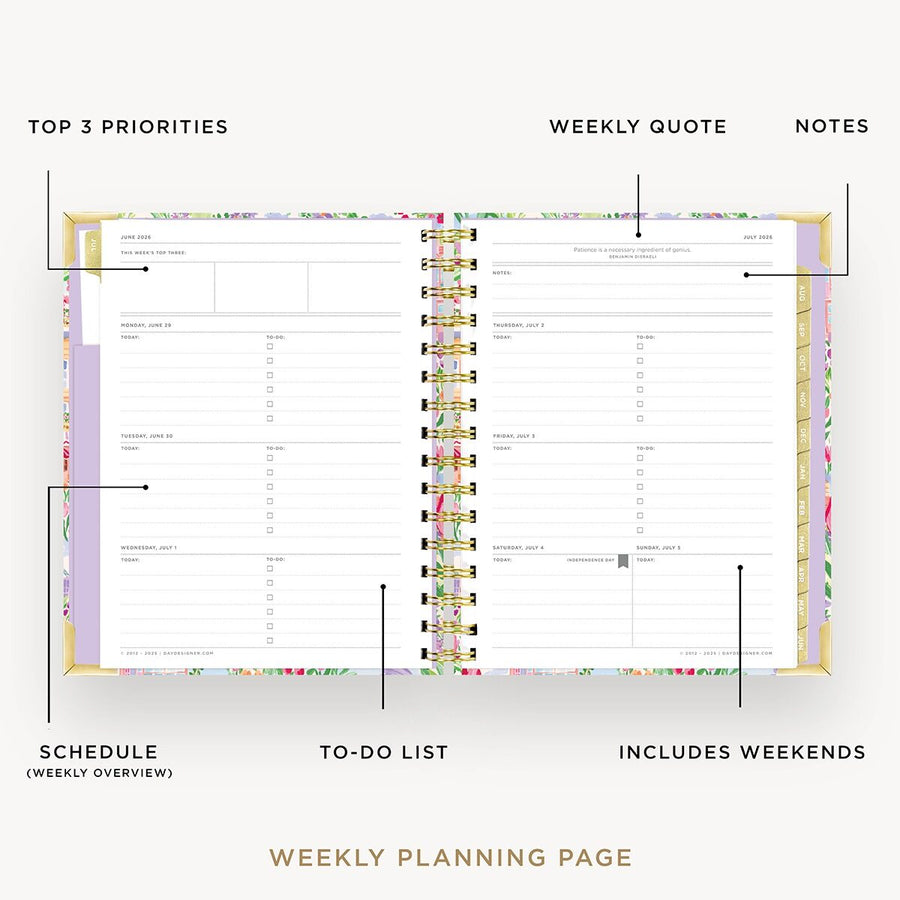 Day Designer 2026-27 mini weekly planner: Belle Vie opened with captions of contents