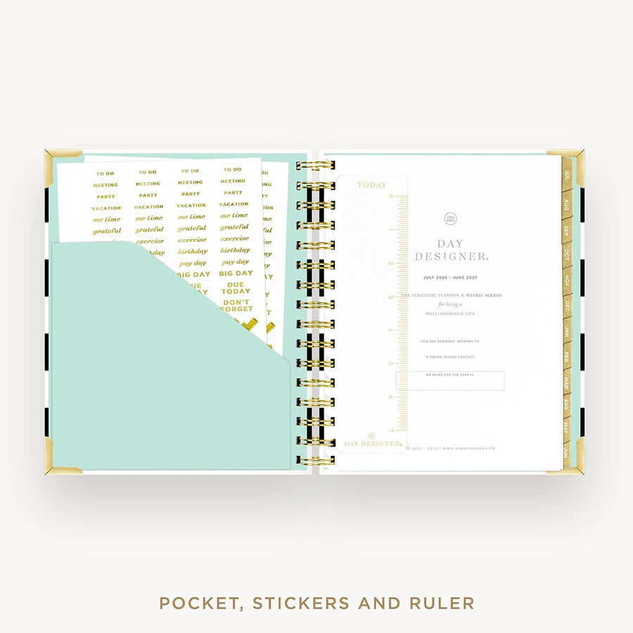 Day Designer 2026-27 mini weekly planner: Black Stripe cover with pocket and gold stickers