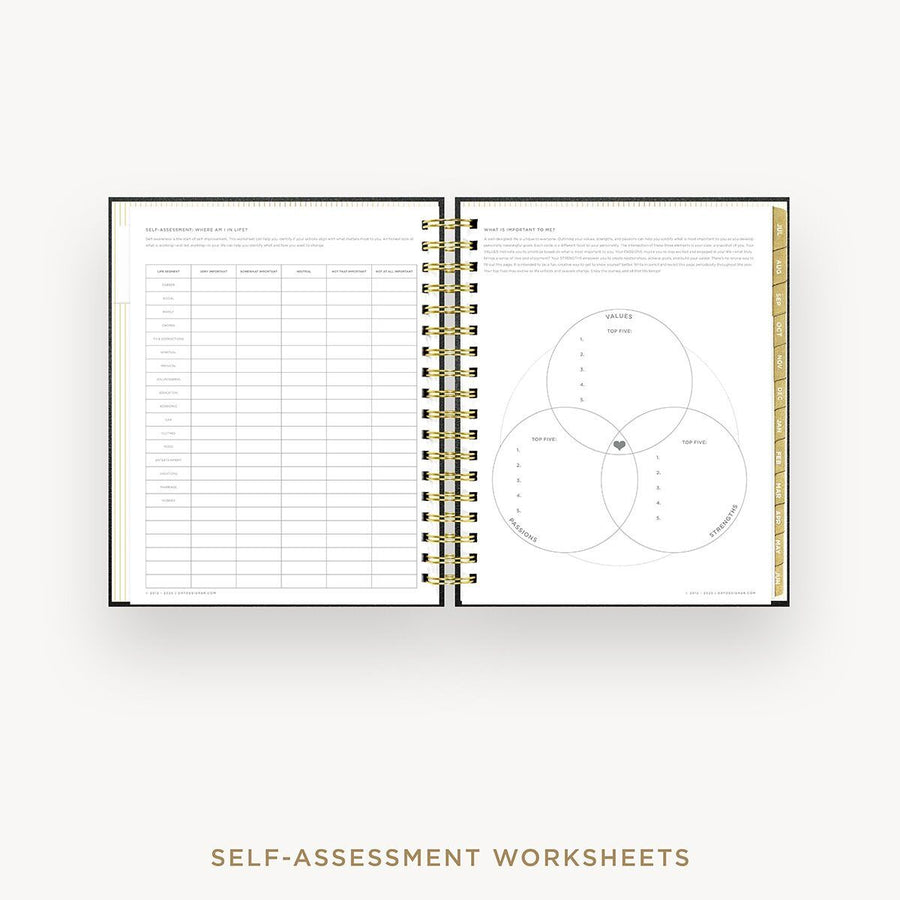 Day Designer 2026-27 daily planner: Classic Black Pebble Texture cover with self assessment worksheet