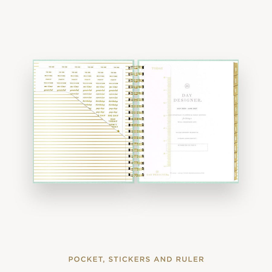 Day Designer 2026-27 daily planner: Sage Bookcloth cover with pocket and gold stickers