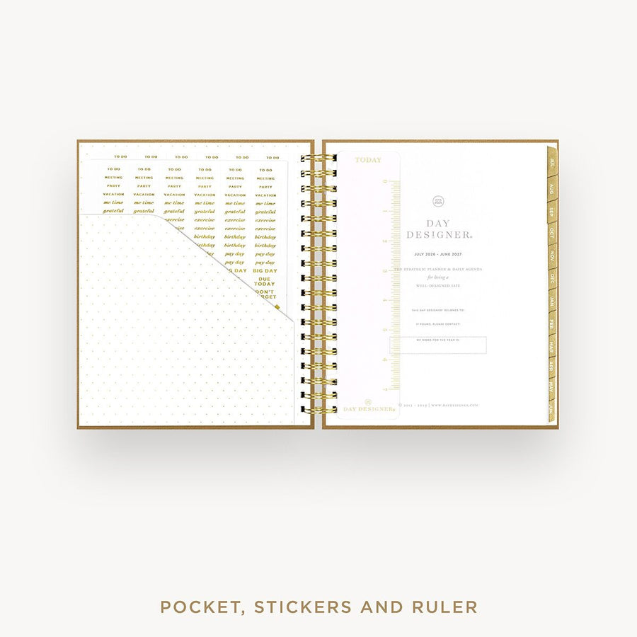 Day Designer 2026-27 daily planner: Caramel Latte Pebble Texture cover with pocket and gold stickers