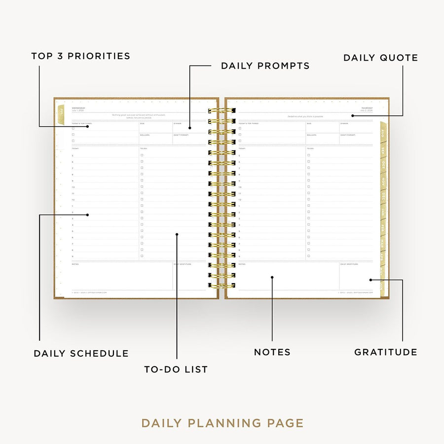 Day Designer 2026-27 daily planner: Caramel Latte Pebble Texture opened with captions of contents