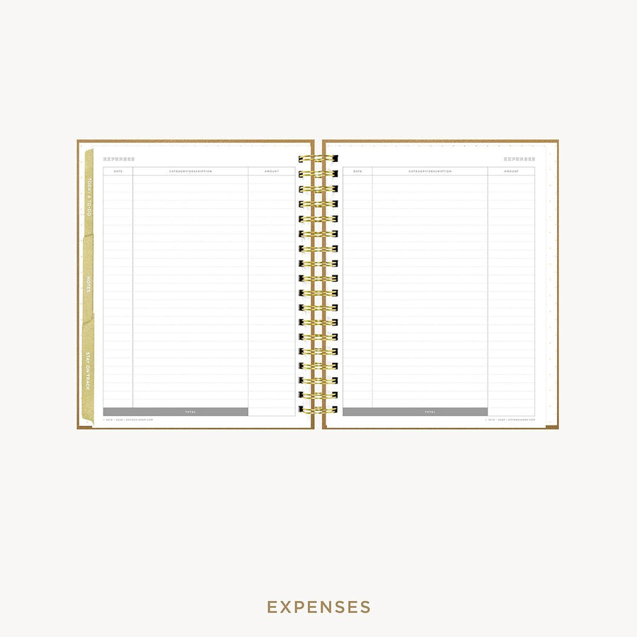 Day Designer 2026-27 weekly planner: Caramel Latte Pebble Texture cover with expense tracking pages