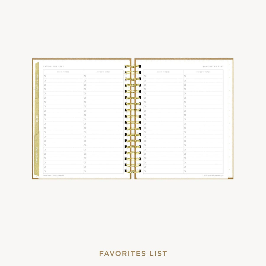 Day Designer 2026-27 weekly planner: Caramel Latte Pebble Texture cover with favorite books and movies pages
