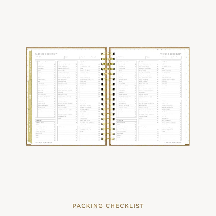 Day Designer 2026-27 weekly planner: Caramel Latte Pebble Texture cover with packing checklist