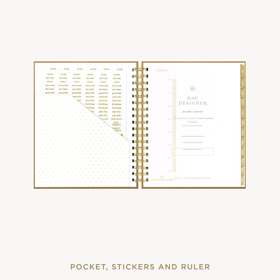 Day Designer 2026-27 weekly planner: Caramel Latte Pebble Texture cover with pocket and gold stickers