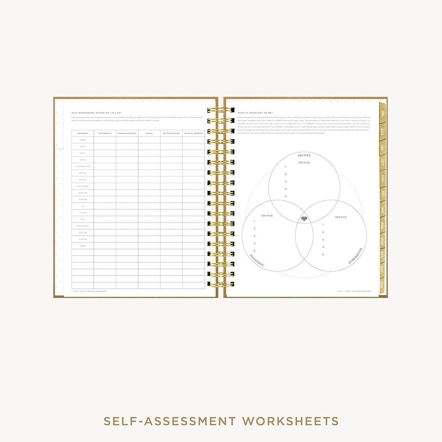 Day Designer 2026-27 weekly planner: Caramel Latte Pebble Texture cover with self assessment worksheet