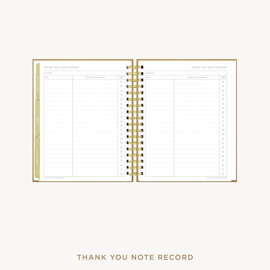 Day Designer 2026-27 weekly planner: Caramel Latte Pebble Texture cover with thank you notes pages