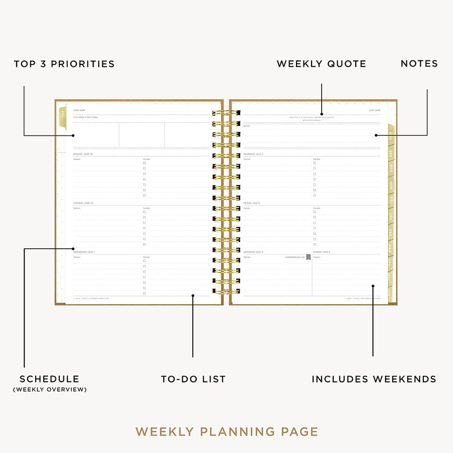 Day Designer 2026-27 weekly planner: Caramel Latte Pebble Texture opened with captions of contents