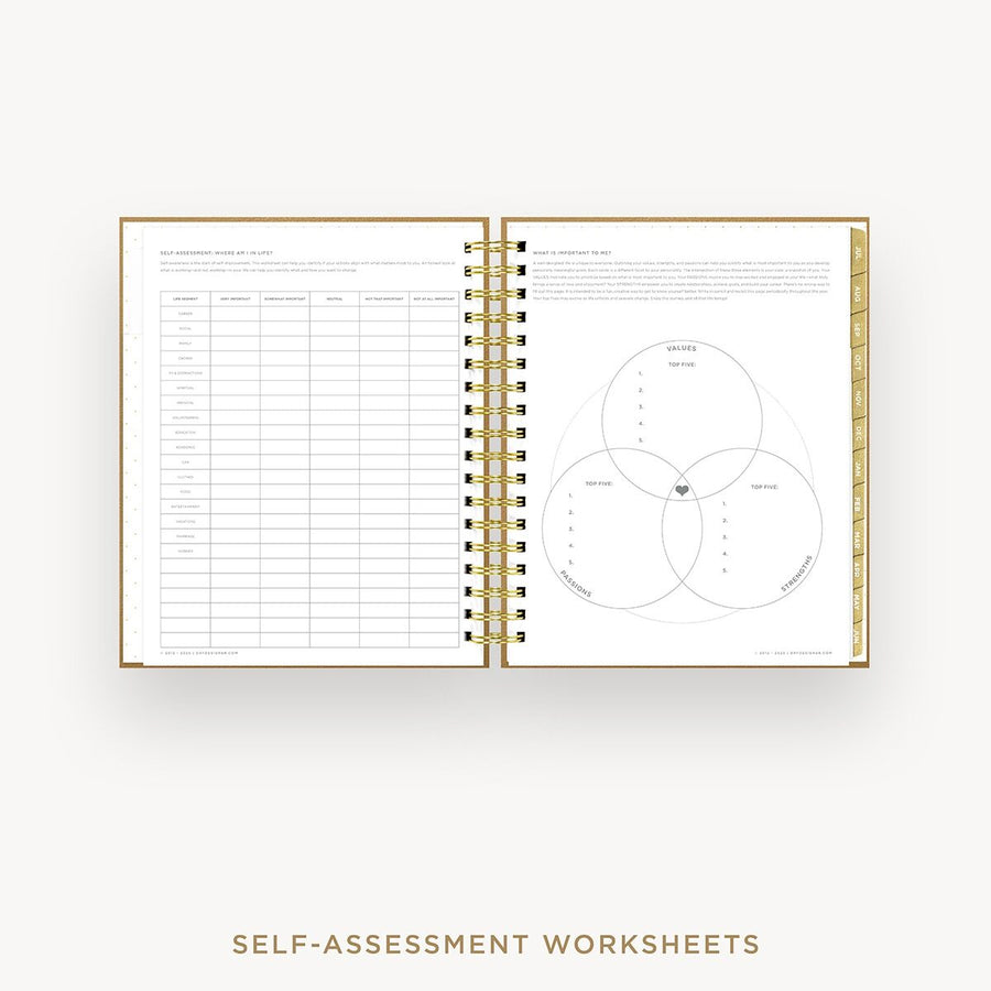 Day Designer 2026-27 daily planner: Caramel Latte Pebble Texture cover with self assessment worksheet