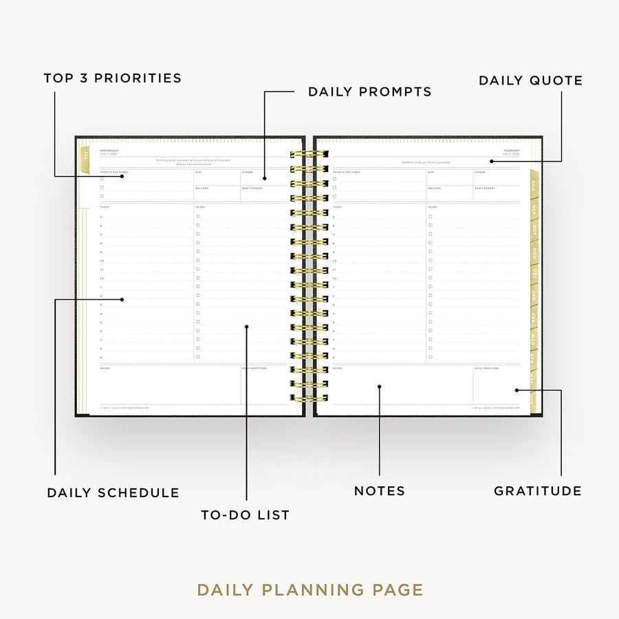 Day Designer 2026-27 daily planner: Classic Black Pebble Texture opened with captions of contents