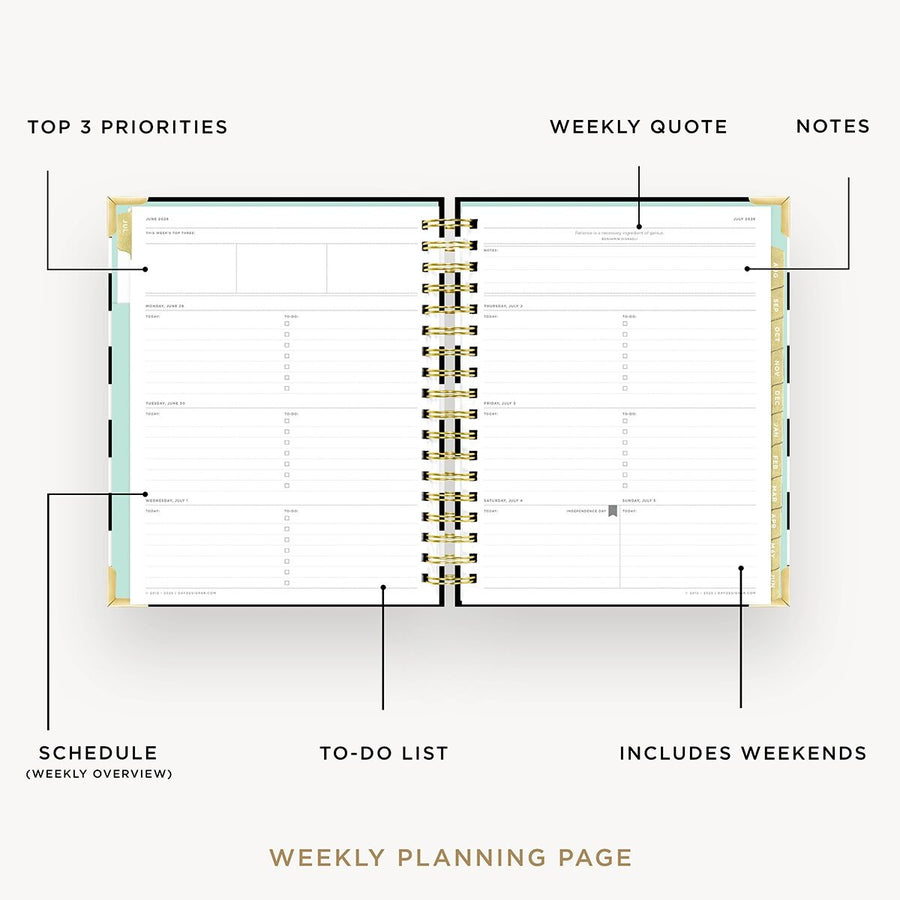 Day Designer 2026-27 weekly planner: Black Stripe opened with captions of contents