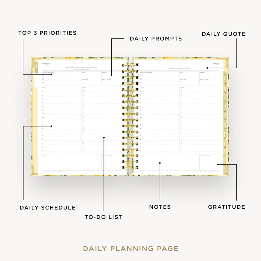 Day Designer 2026-27 daily planner: Lemon Floral Sage opened with captions of contents