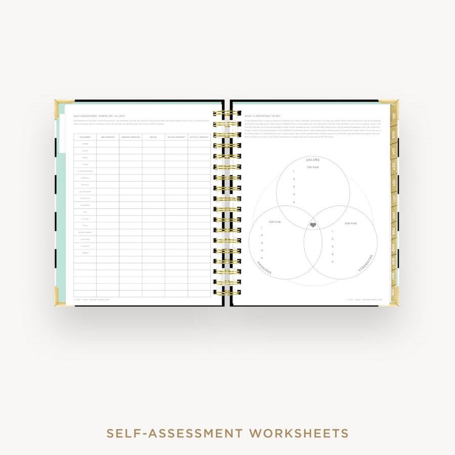 Day Designer 2026-27 daily planner: Black Stripe cover with self assessment worksheet