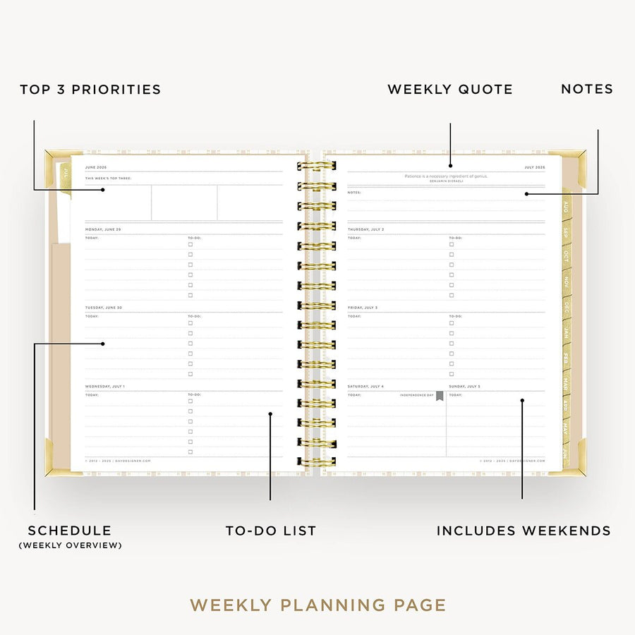 Day Designer 2026-27 mini weekly planner: Ticking Stripe opened with captions of contents