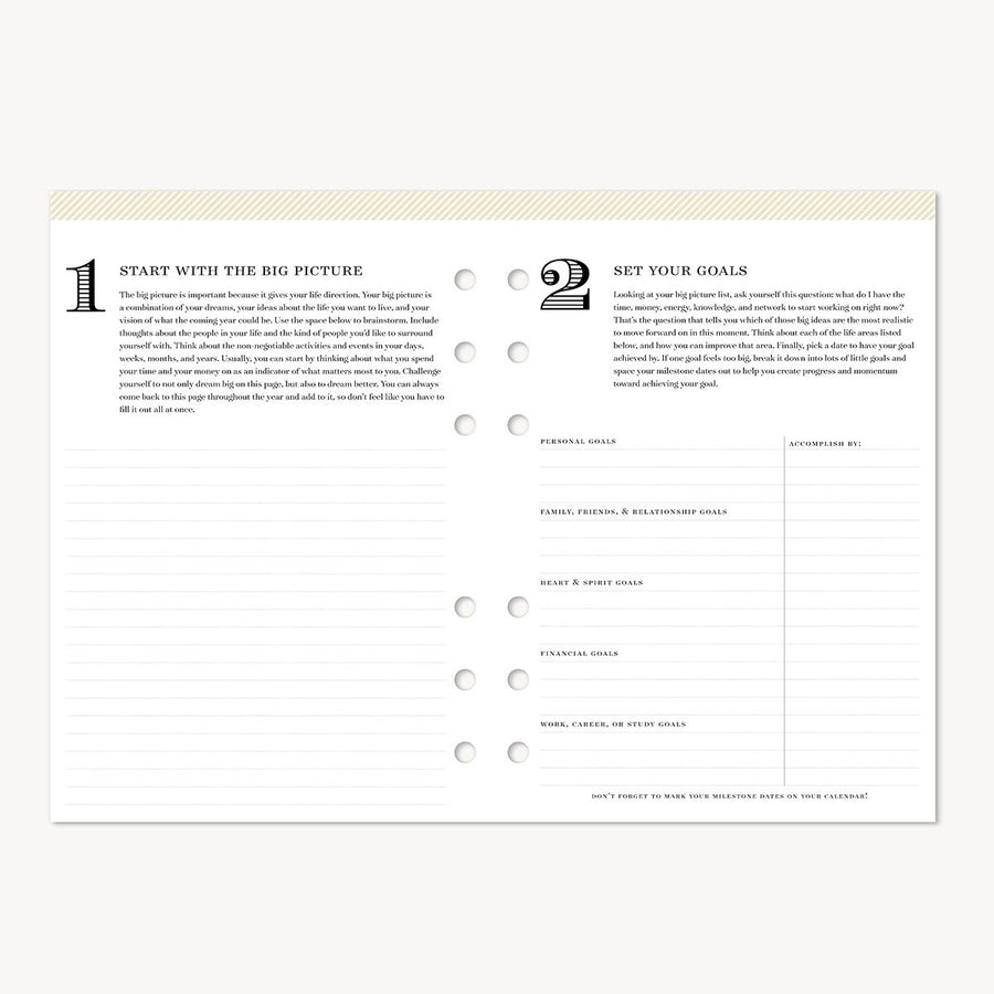 Goal-setting pages with text and checkboxes on a white background