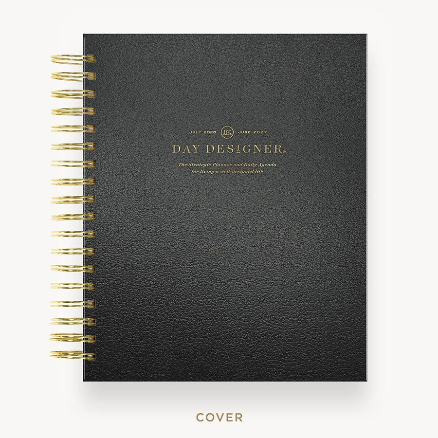 Day Designer 2026-27 daily planner: Classic Black Pebble Texture hard cover, gold wire binding