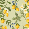 Pattern of lemons, leaves, and berries on a light green background