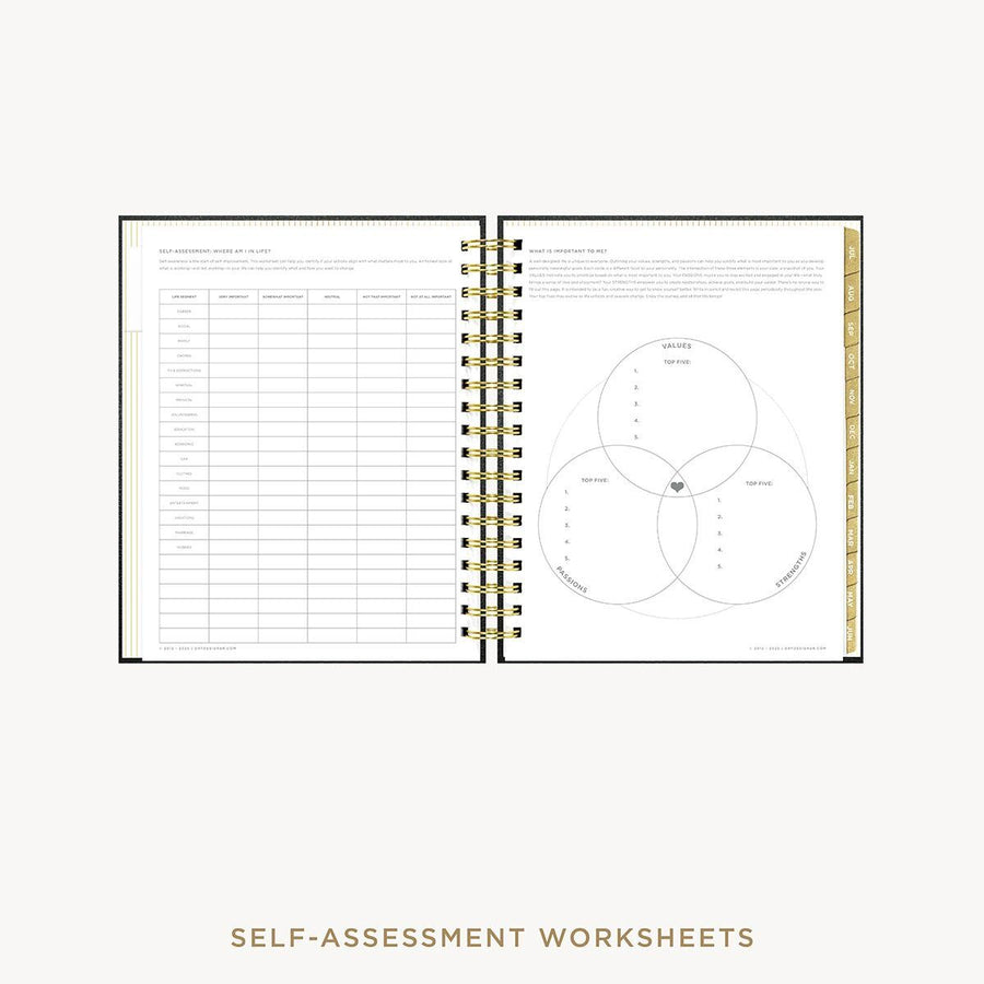 Day Designer 2026-27 weekly planner: Classic Black Pebble Texture cover with self assessment worksheet