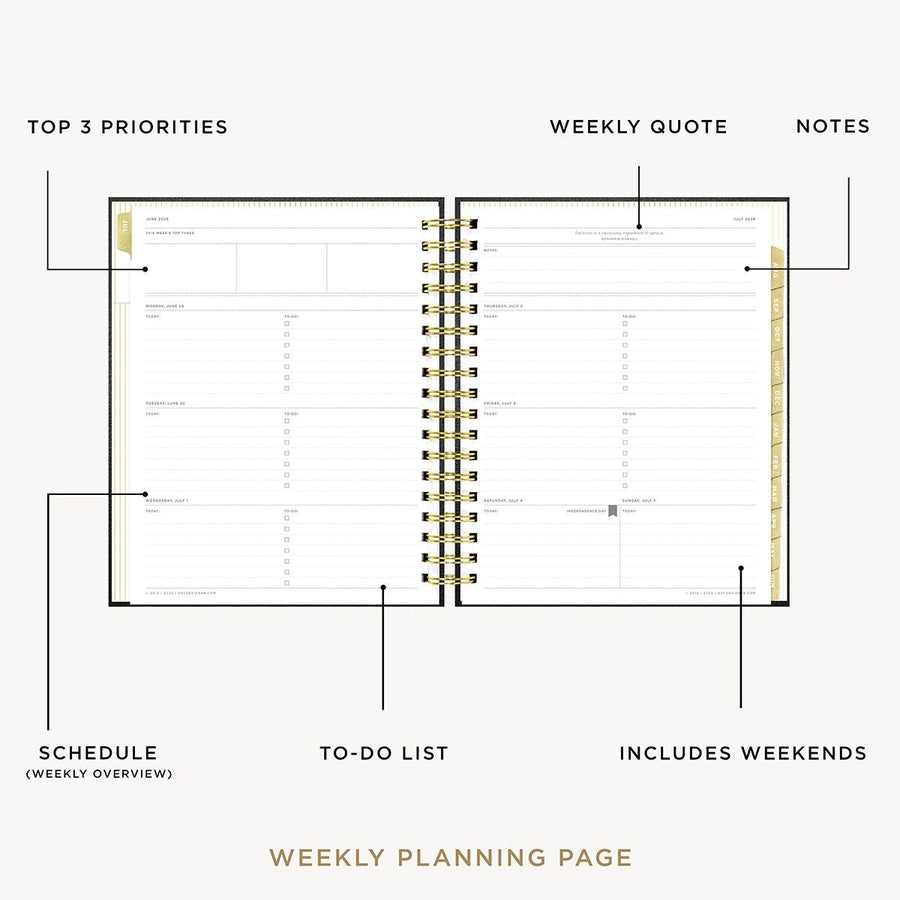 Day Designer 2026-27 weekly planner: Classic Black Pebble Texture opened with captions of contents