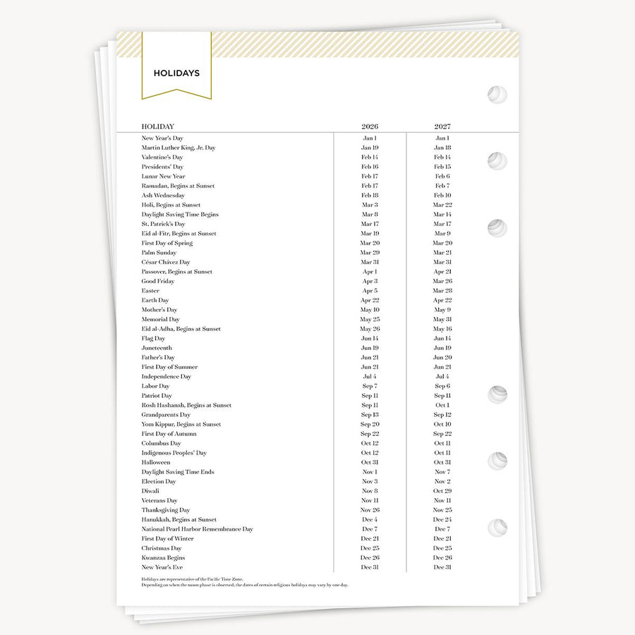 Holidays list with dates printed on a white background