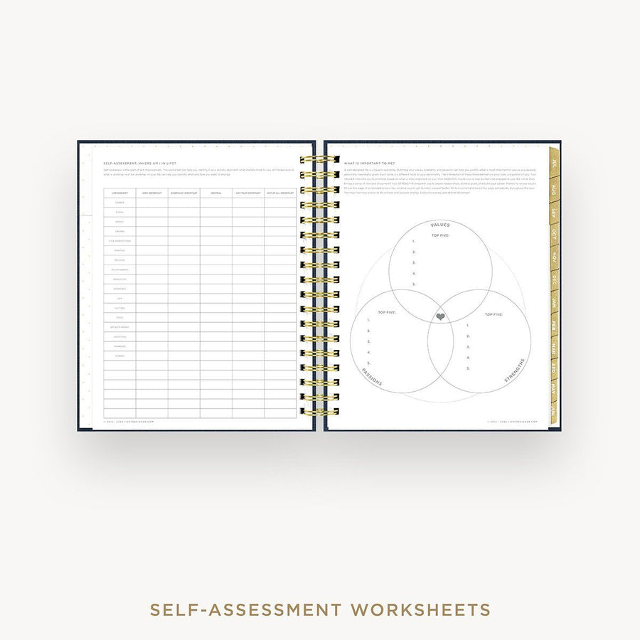 Day Designer 2026-27 daily planner: Navy Bookcloth cover with self assessment worksheet