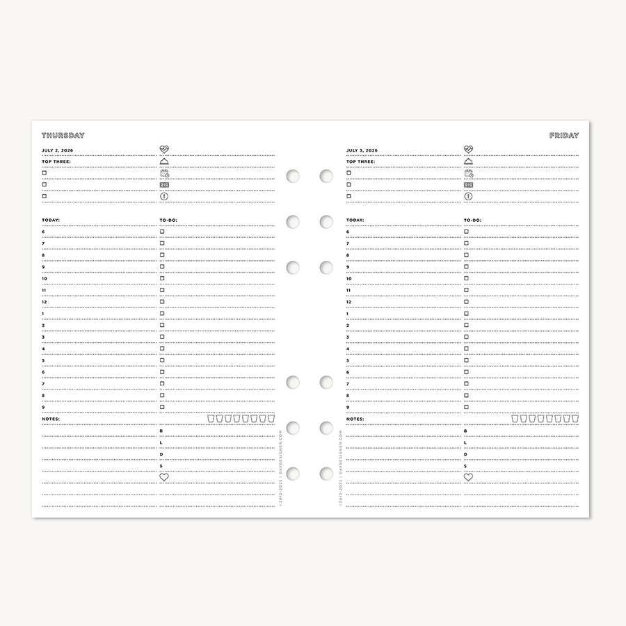 Black and white planner page with daily tasks and notes.