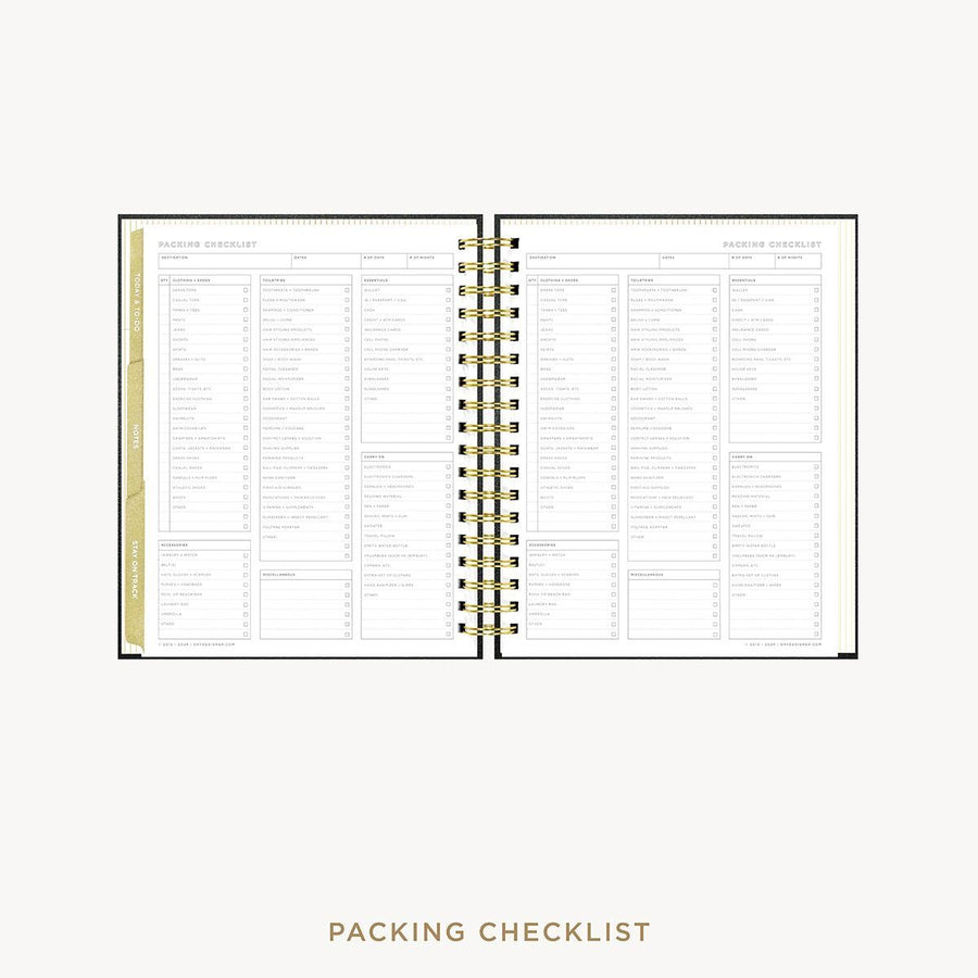 Day Designer 2026-27 weekly planner: Classic Black Pebble Texture cover with packing checklist
