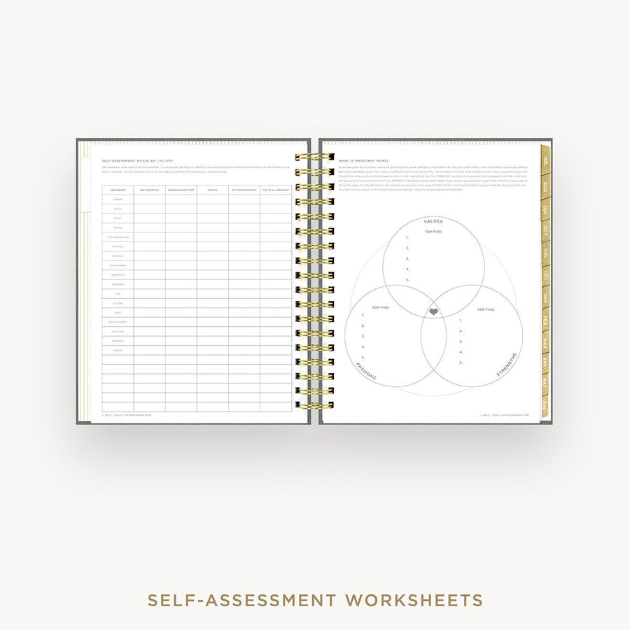 Day Designer 2026-27 daily planner: Charcoal Bookcloth cover with self assessment worksheet