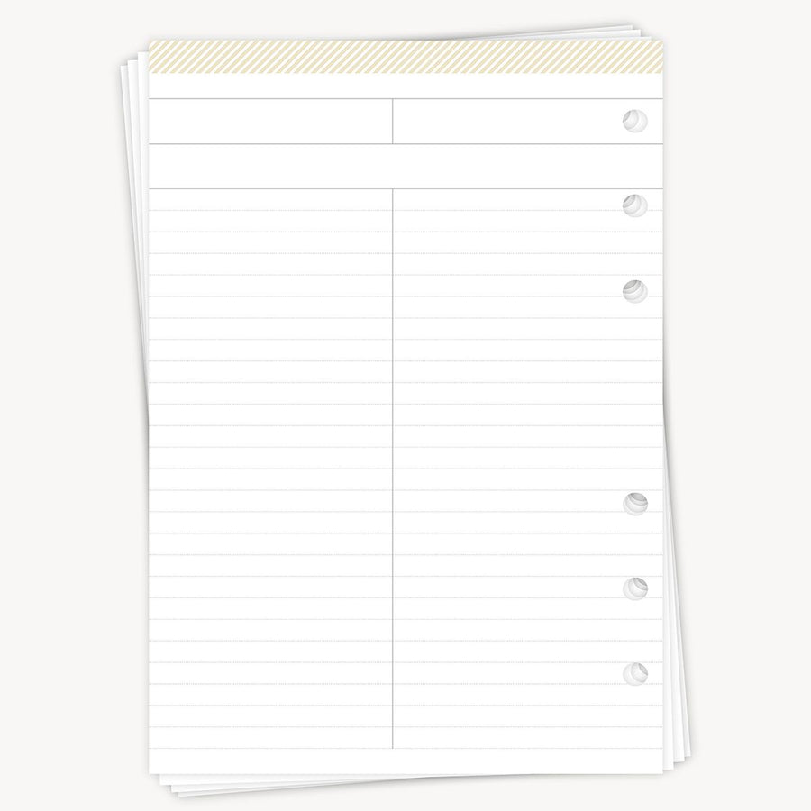 White planner refill sheet with button holes on a white background
