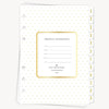Polka dot planner cover with personal information section on a white background